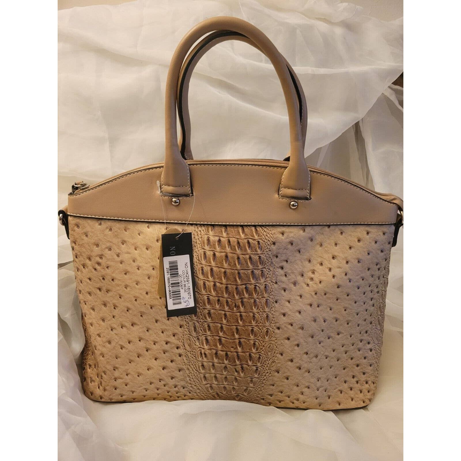 Put It All In Here Vegan Leather Large Ostrich Print Tote Fashion Handbag Taupe